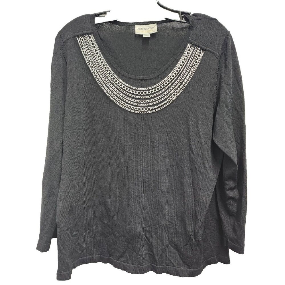 Victor Costa Occasion Sweater Womens Size XL Black Chain Detail Pullover Holiday